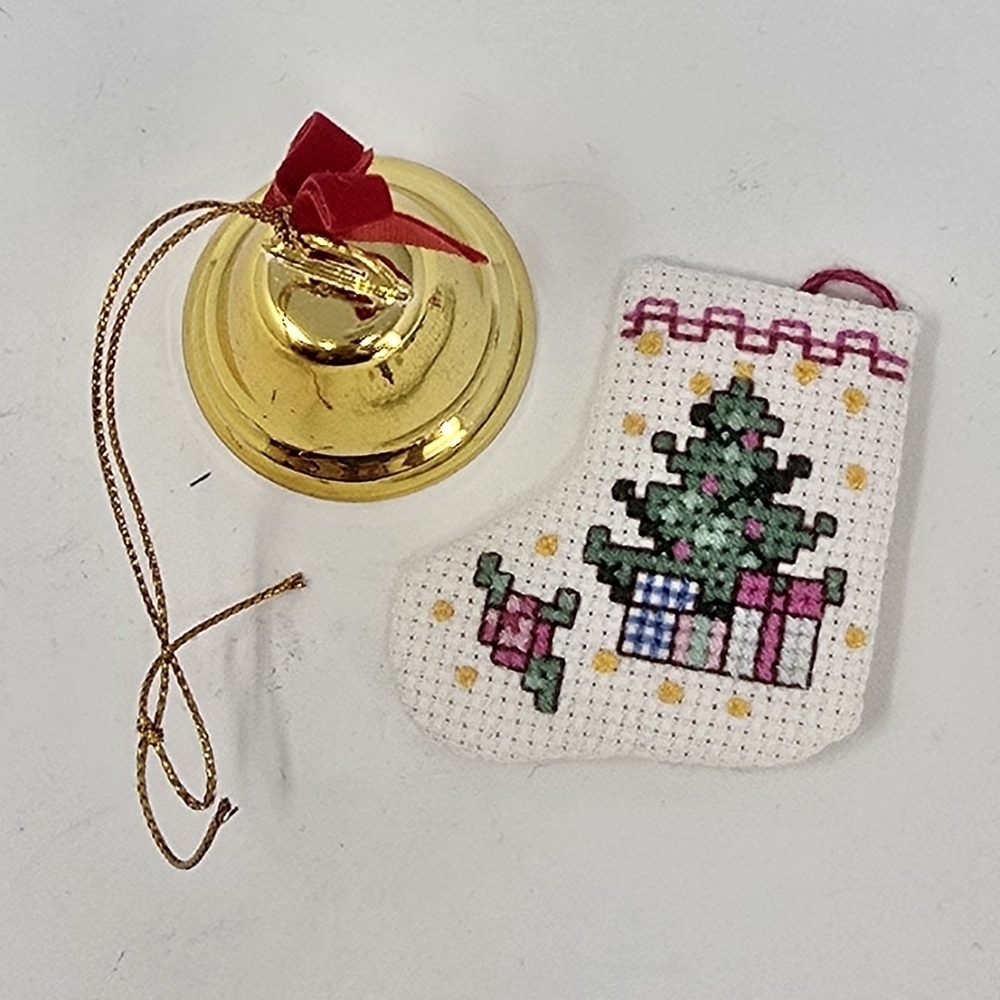 Vintage brass bell and fabric stocking ornament Japan holiday décor - Picture 3 of 7